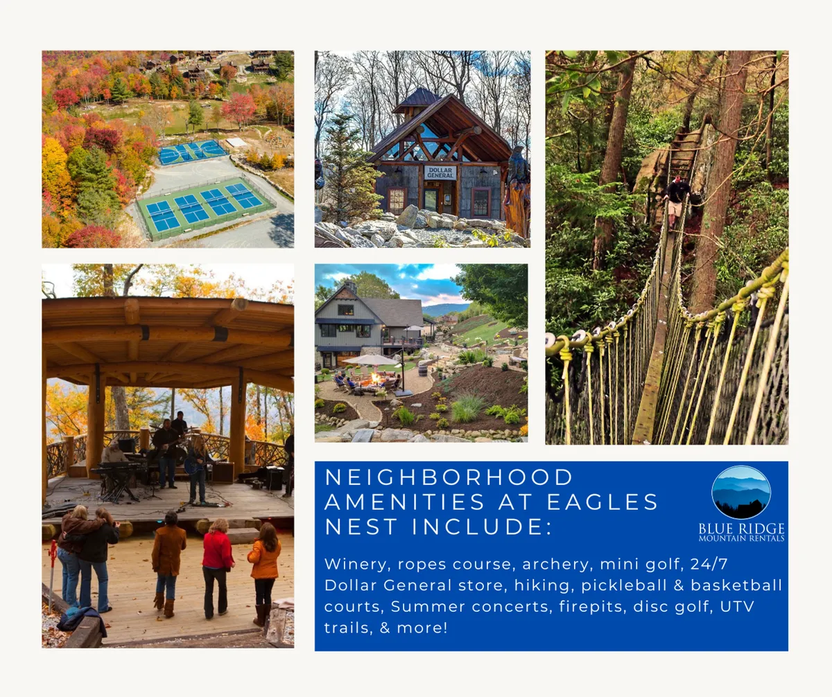 This vibrant exterior photo captures the heart of family adventure at Eagles Nest: a ropes course, archery range, outdoor stage, luxury cabins, and visible pickleball courts, all set against a backdrop of trees and blue skies. The scene is lively, with visible spaces for mini-golf and group gatherings, and a communal, recreational atmosphere.
