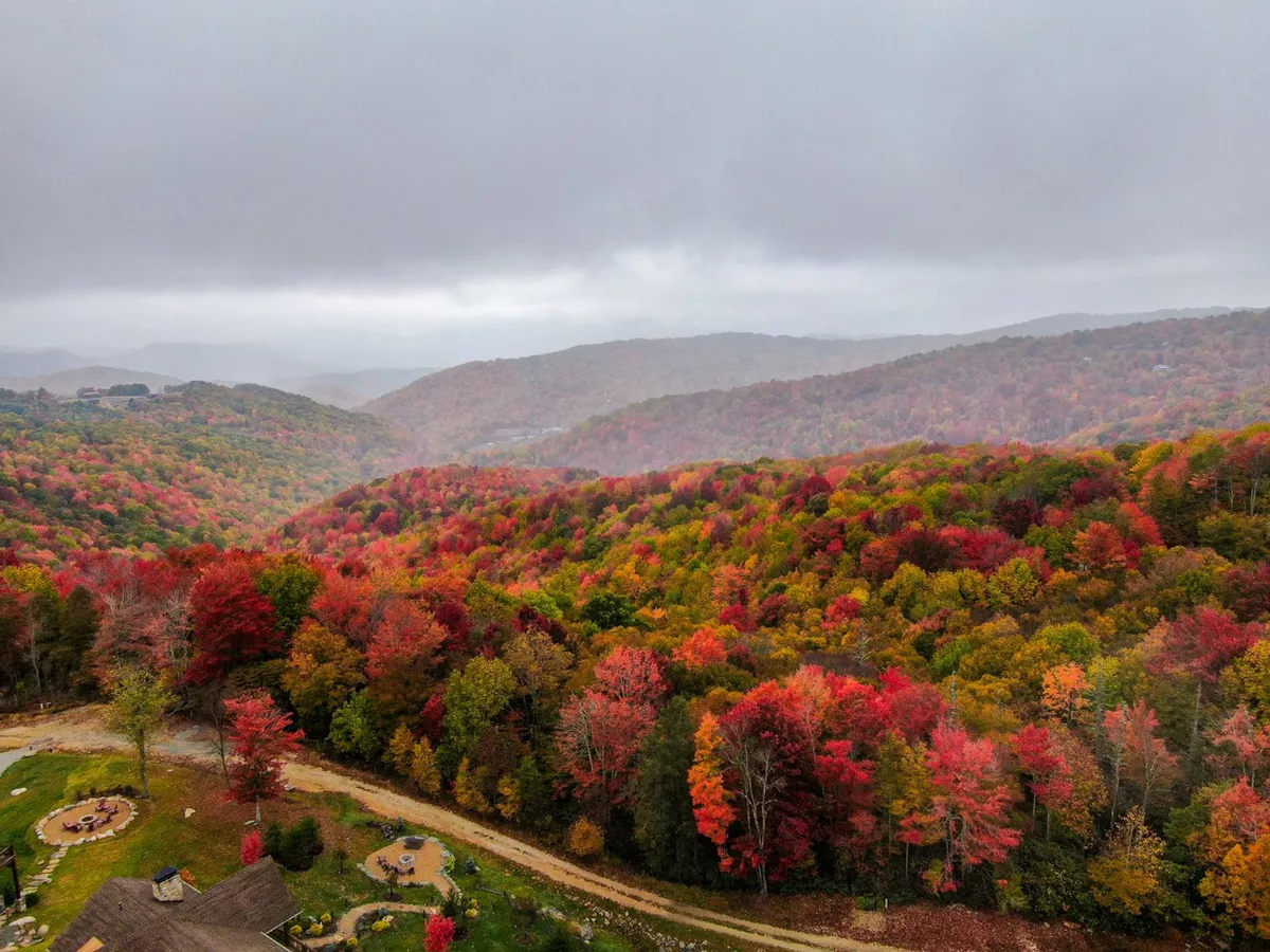 Rolling hills covered in vibrant fall foliage are crisscrossed by a winding path, evoking a sense of adventure and discovery. This picturesque trail is perfect for scenic walks or hikes, ideal for guests with dogs eager to explore the outdoors.
